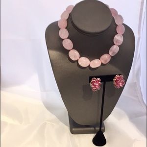 Pink Quarts Necklace stone approximately 40mm silver clasp , round neck